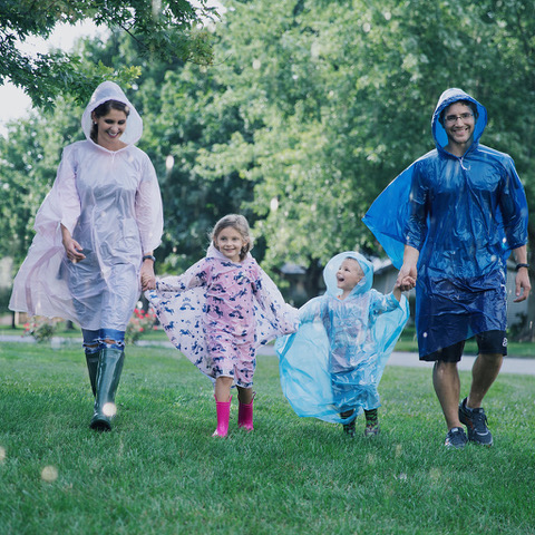 Family Pack of 4 Hooded Ponchos for Adults and 4 Kids Ponchos with Fun Designs